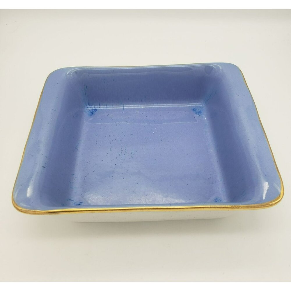 Anthropologie Reactive Square Baking Dish, Blue w Gold Trim, 11" sq., Stoneware